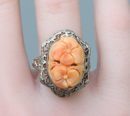 Antique 14K White Filigree Statement Ring With Hand Carved Natural Coral Gem6