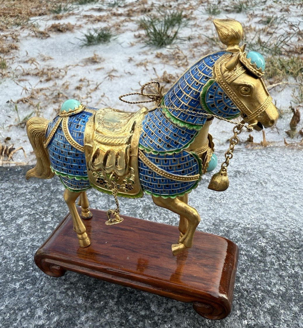 Majestic Chinese Vintage Enamel Gilt Export Silver  Horse w/ Turquoise Gems4