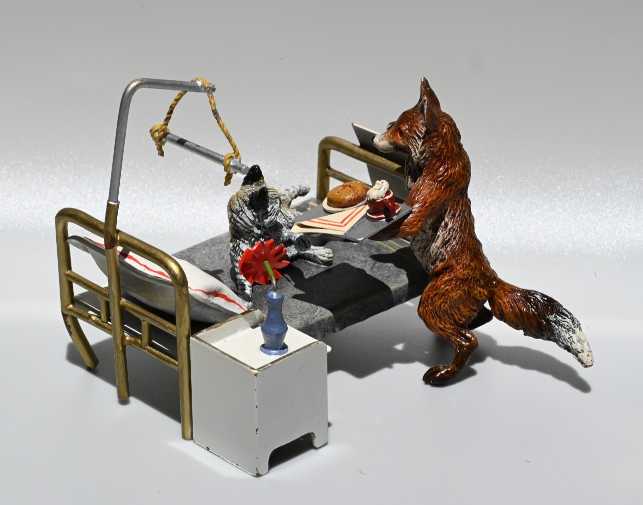 Rare Austrian Vienna Cold Painted Bronze Figure of Fox & Cat in Hospital5