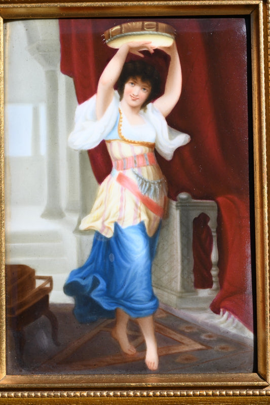 Antique Hand Painted German Porcelain Plaque of Gypsy Girl Holding a Tambourine0