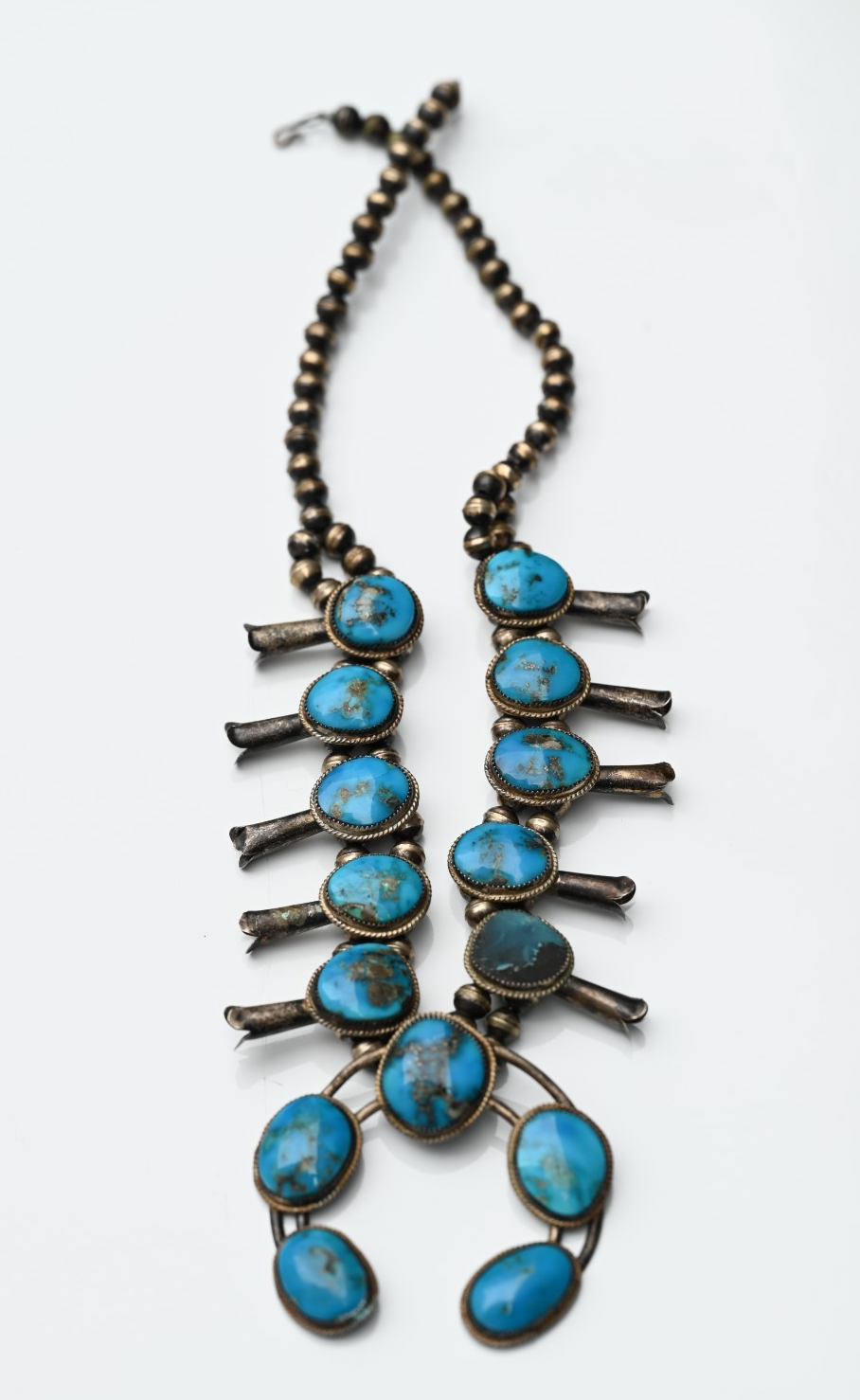 Native American Deep Blue Turquoise & Sterling Silver Squash Blossom Necklace0