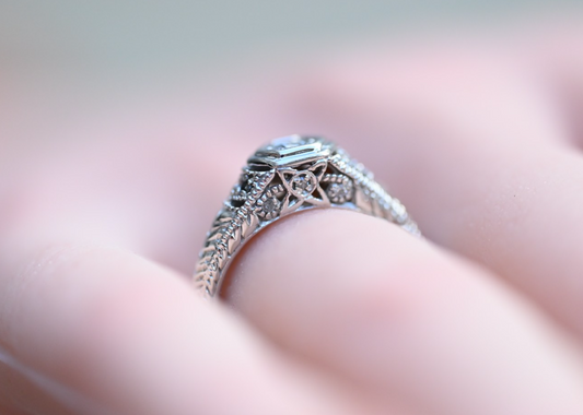 Intricate 14K White Gold Diamond Ring Geometric Hexagon Filigree Design by RLM1