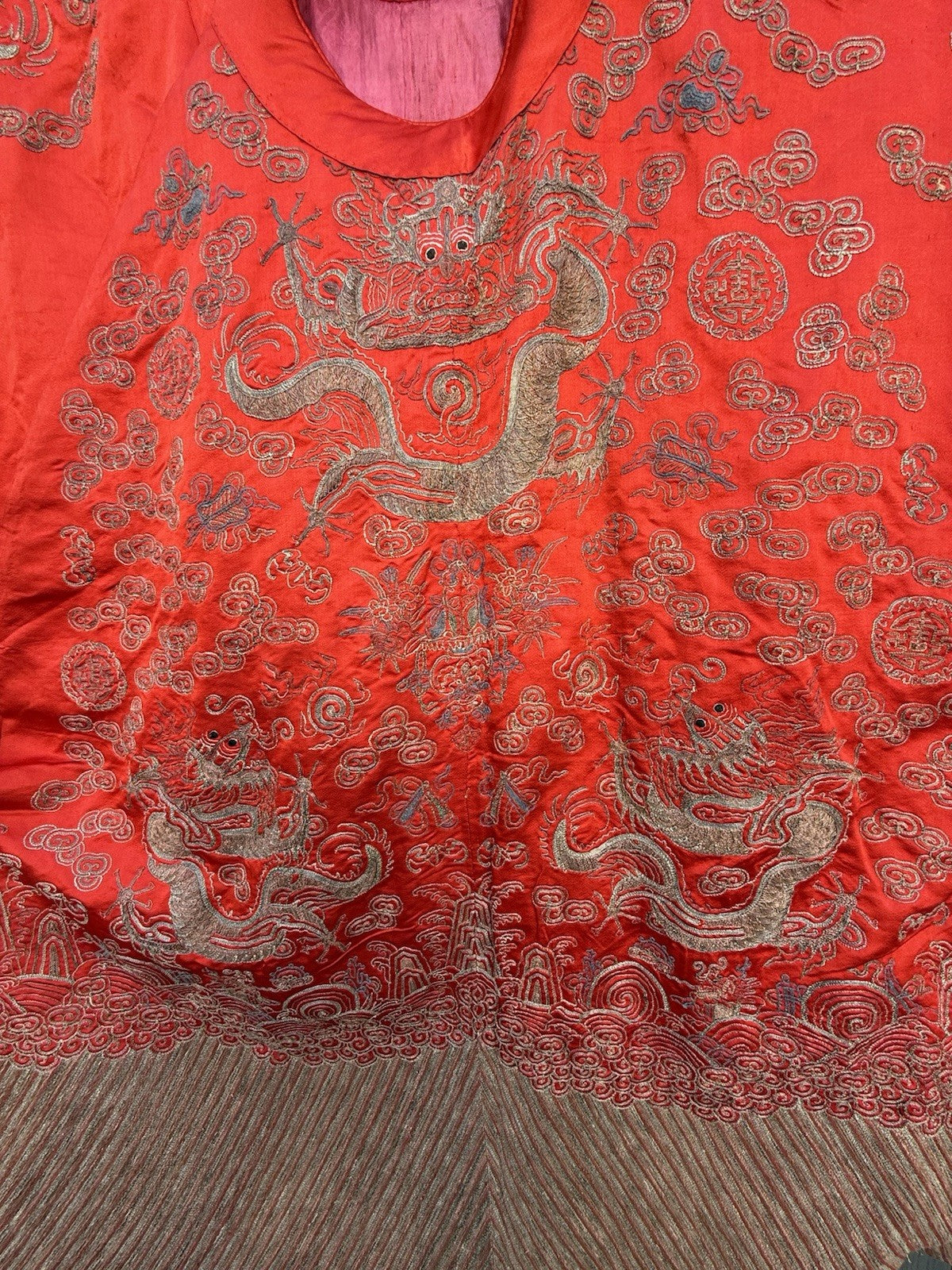 Antique Qing Dynasty Chinese Metallic Silk Embroidery Dragon Robe In Red Color1