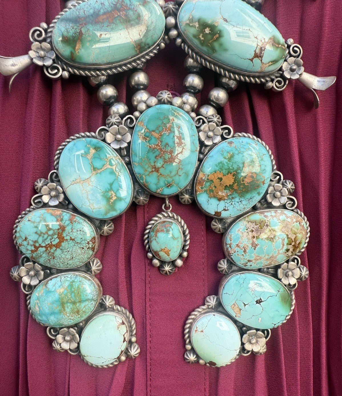 Native American Turquoise &Sterling Squash Blossom Jewelry Set By Maynard Garcia4