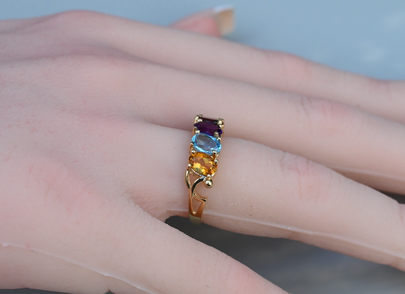 Rainbow Semi-Precious Gemstone Ring with Half Eternity Band in 10K Yellow Gold7