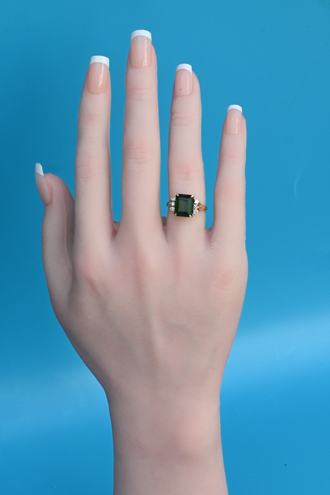 Emerald-Cut Green Tourmaline Flanked by Small Diamonds on 14K Yellow Gold Band6