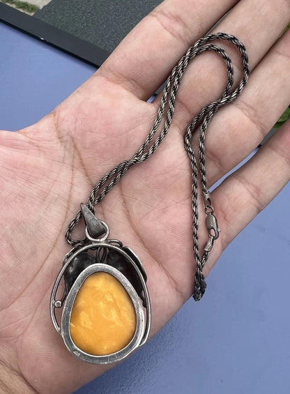 Gorgeous Natural Marbled Butterscotch Amber & Fine Silver Pendant Necklace6