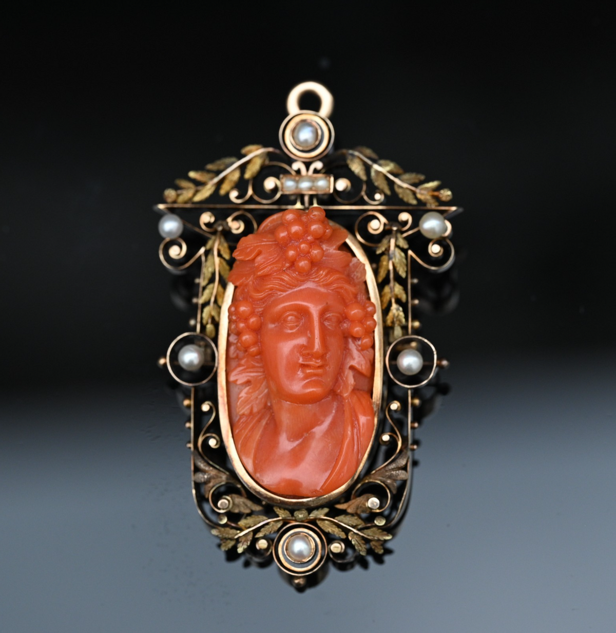 High Quality Antique 19th C. Victorian Period Carved Red Coral 14K Gold Pendant0