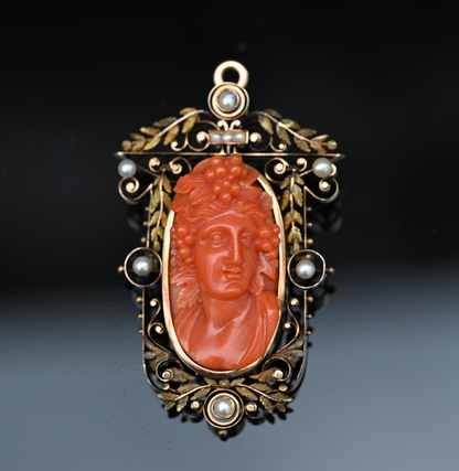 High Quality Antique 19th C. Victorian Period Carved Red Coral 14K Gold Pendant0