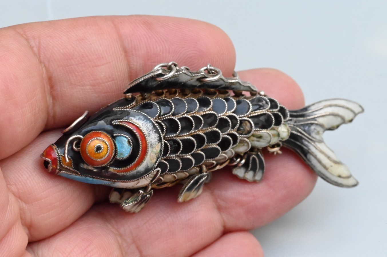 Vintage Chinese Export Silver and Cloisonné Enamel Articulated Fish Pendant1