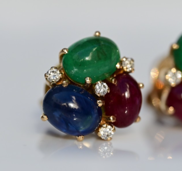 Emerald, Sapphire, Ruby & Diamond 18k Yellow Gold Bubble Earrings IGI Certified3