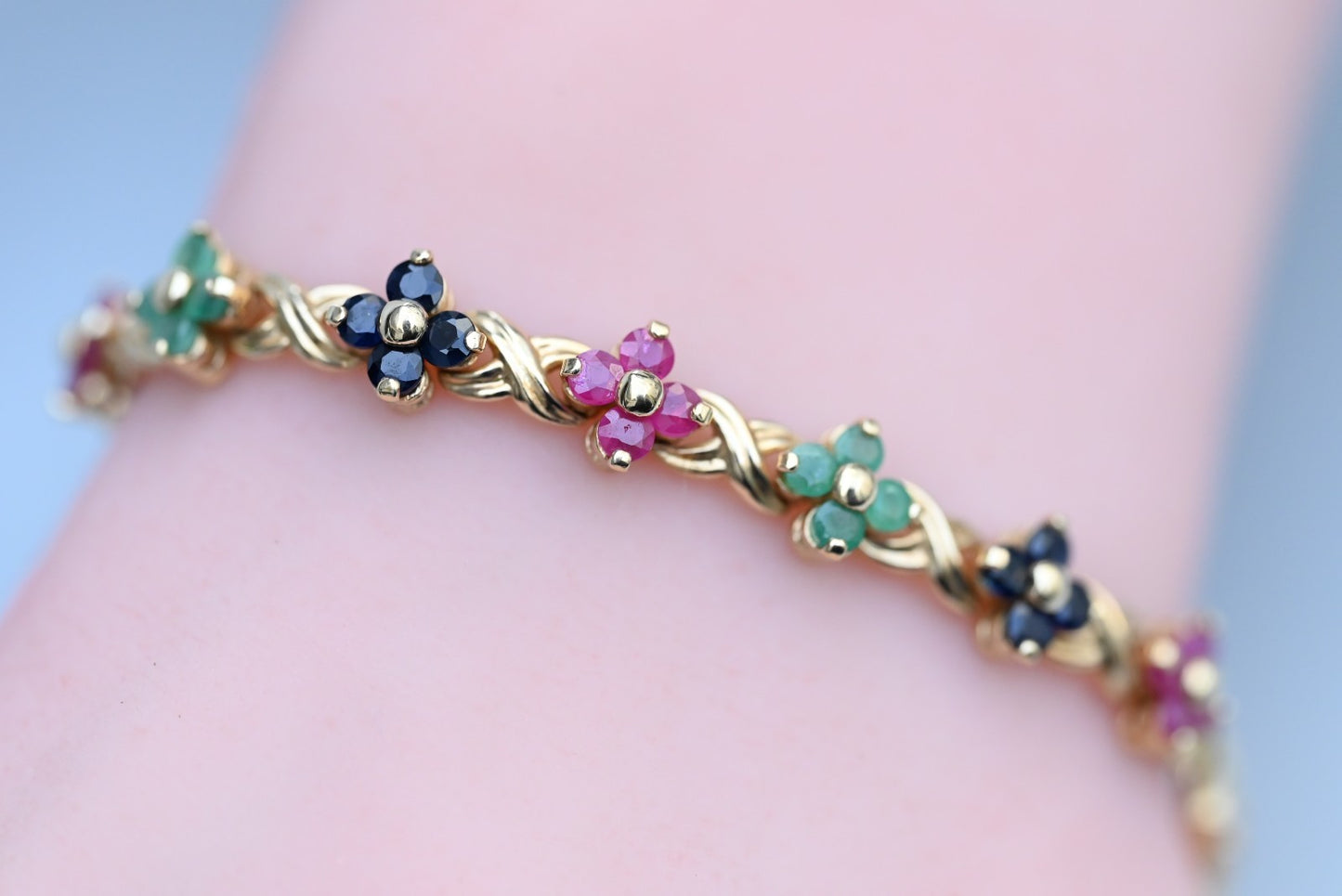 Beautiful Floral Tennis Bracelet with Sapphires, Rubies & Emeralds 14K YG 7 1/4"0