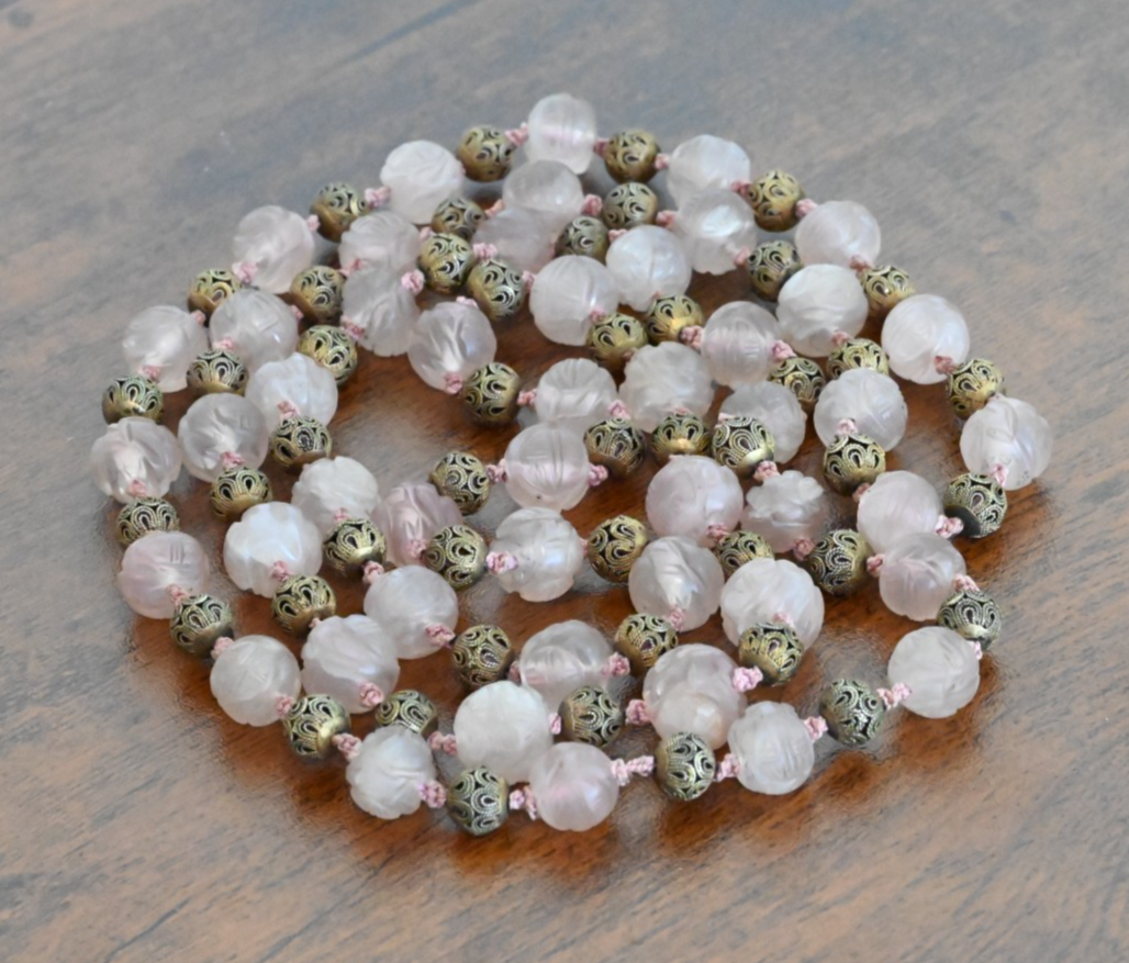 Antique / Vintage Chinese Beaded Pink Quartz Necklace with Gilt Silver Beads3