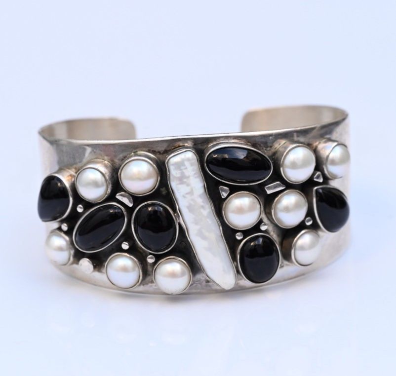 Jay King Desert Rose Trading Sterling Silver Cuff Bracelet with Onyx & Pearls0