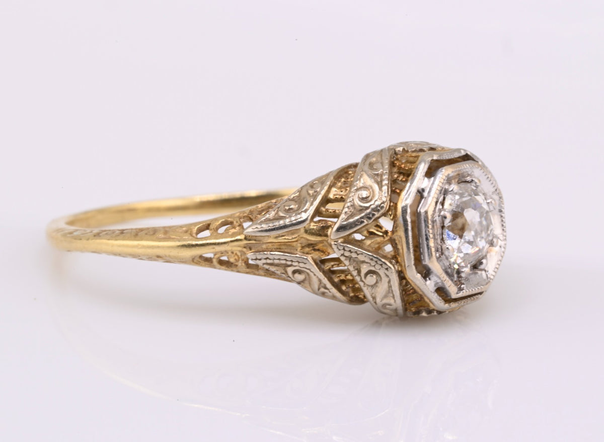 Elegant Antique 14K Bi Color Gold Ring w/ .30 ct Old Mine Cut Diamond IGI Cert9