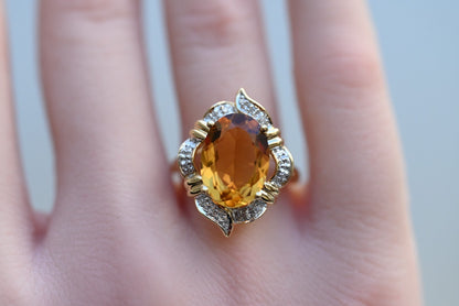 Eye-catching Vintage Faceted Citrine Cocktail Ring with Halo of Diamonds 14k YG4