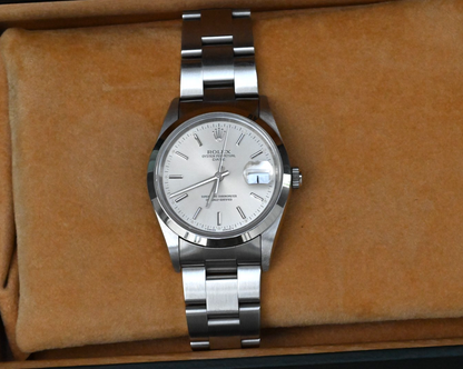 34mm Mid-1990s Rolex Oyster Perpetual Date Silver Dial Stainless Steel 152002