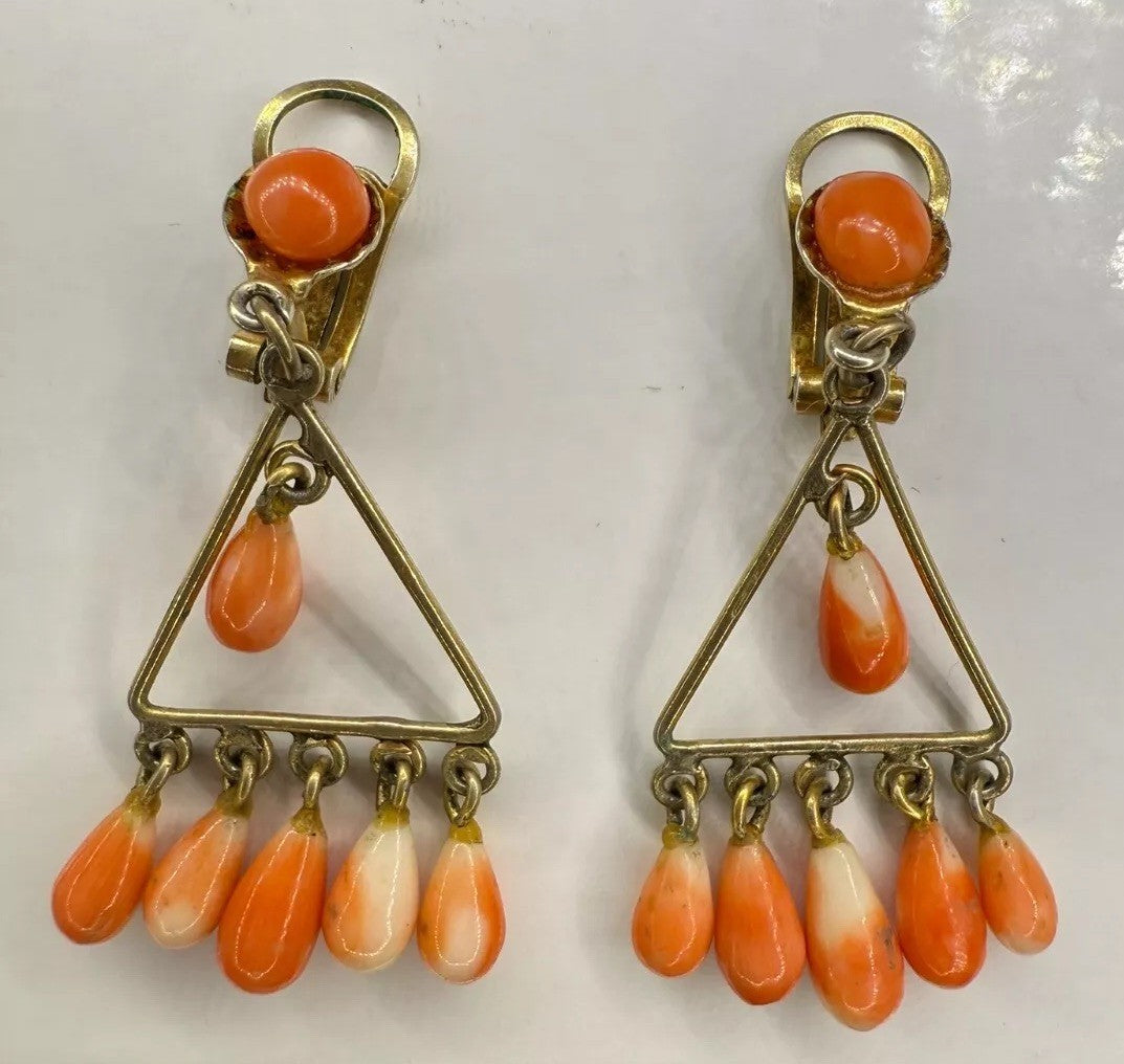Gorgeous Antique Victorian Natural Coral & Gold Gilt Silver Clip On Earrings1