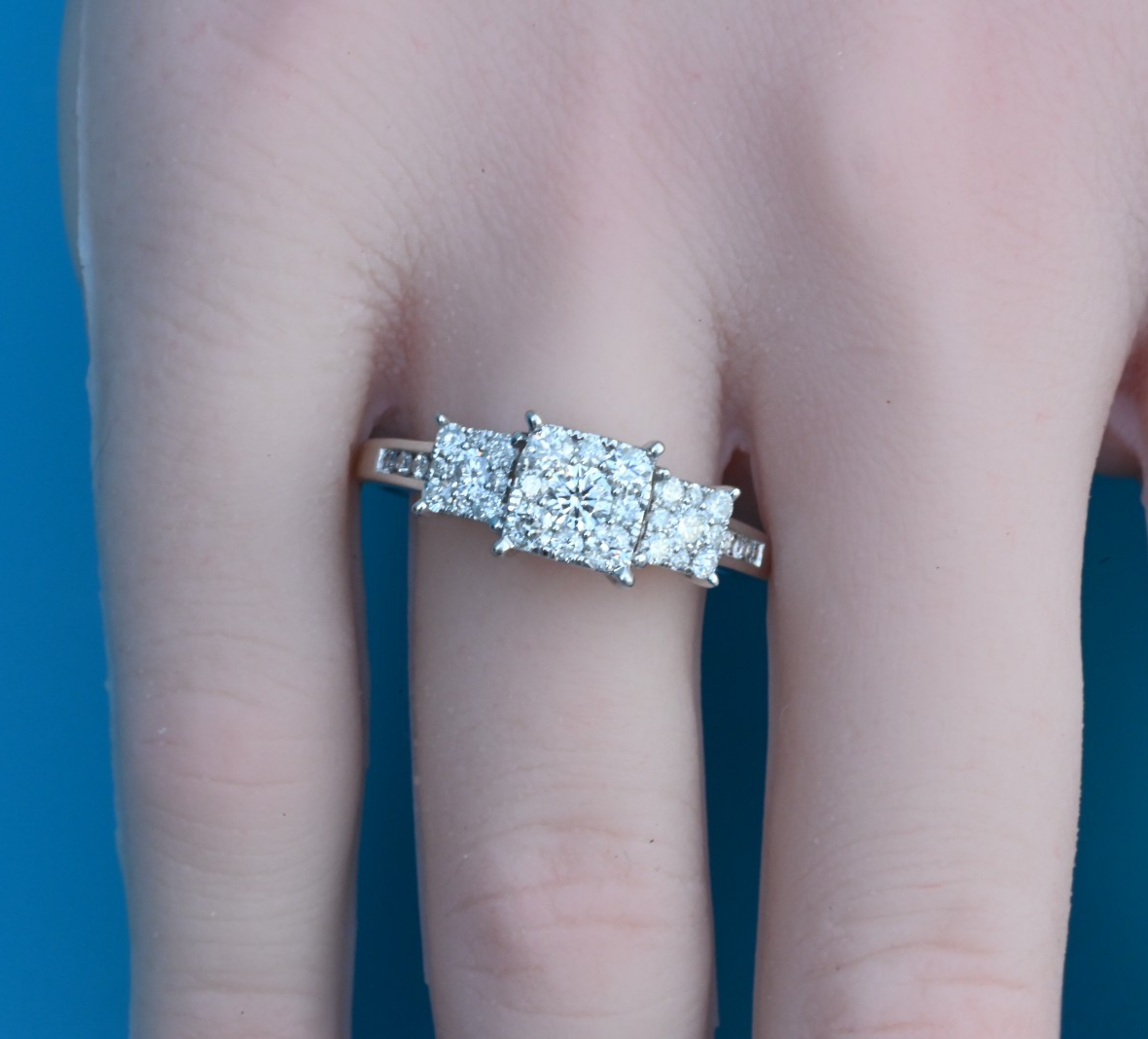 Beautiful Square Cluster Three Stone Diamond Engagement Ring 14K White Gold0