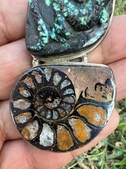 Southwestern Style Sterling Silver Pendant W Ammonite Fossil & Carved Turquoise3
