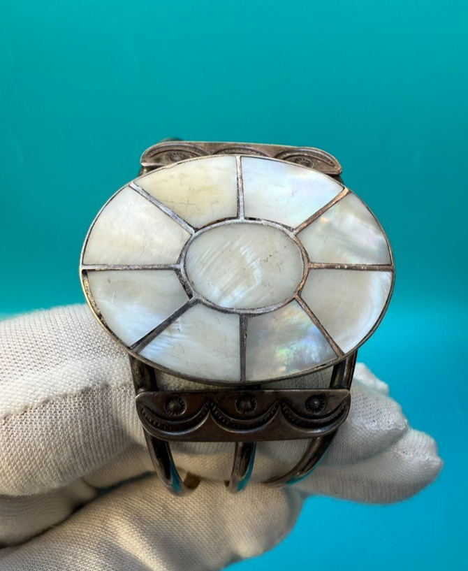 Zuni Native American Sterling Silver Cuff Bracelet w/ Mother of Pearl Inlay0