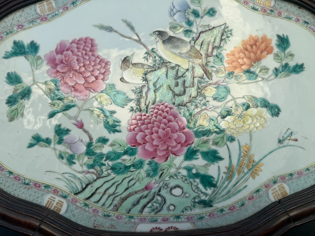 Large 20" Chinese Antique 1900s Porcelain Serving Tray with Enameled Black Birds2