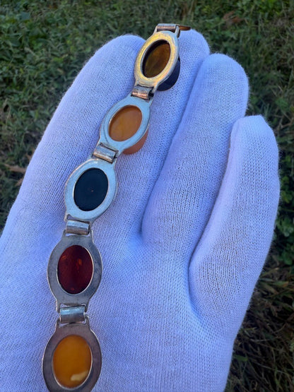 Wonderful Vintage Lab & Natural Amber Continental European Silver Bracelet8