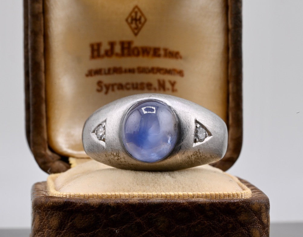 Art Deco 7.5 ct Blue Star Sapphire Cabochon Platinum Ring With Diamond Accents5