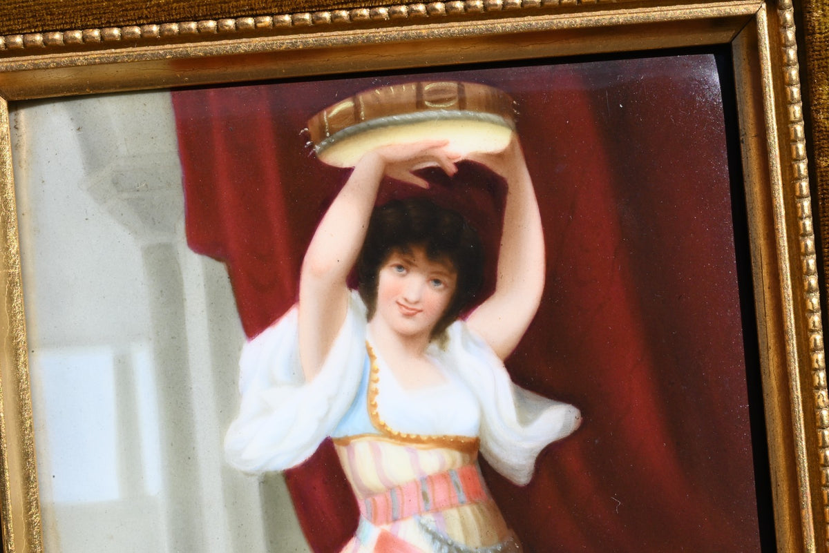 Antique Hand Painted German Porcelain Plaque of Gypsy Girl Holding a Tambourine2