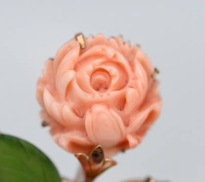 Gorgeous Carved Natural Coral & Leafy Green Jade 14k Gold Flower Brooch Pin4