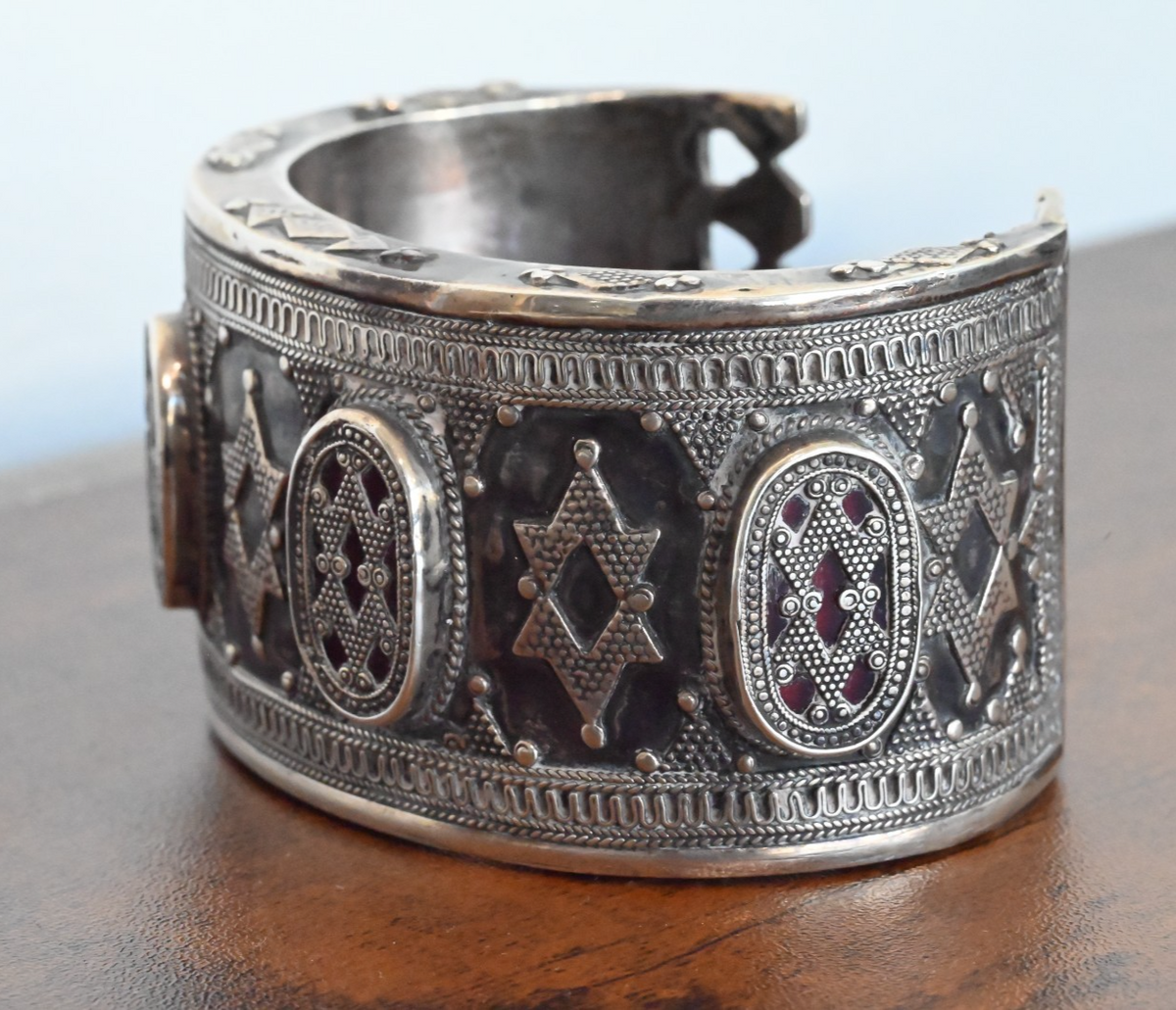 Antique or Vintage Handmade Kazakh Silver Cuff Bracelet (Bilezek) Star Design3