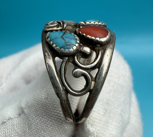 Native American Sterling Silver Ring with Turquoise & Coral Gems1