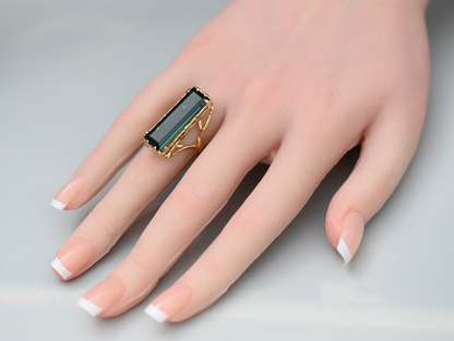 Beautiful Elongated Green Tourmaline Statement Ring in 14K Yellow Gold0