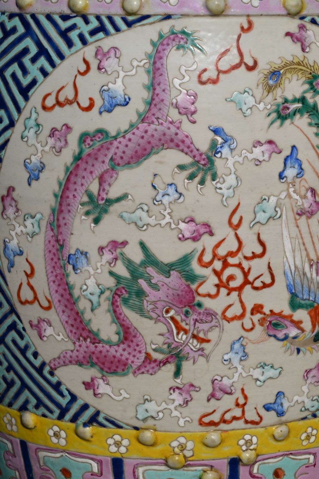 Antique Hand Painted Porcelain Garden Seat / Drum Stool Dragon & Phoenix Design4