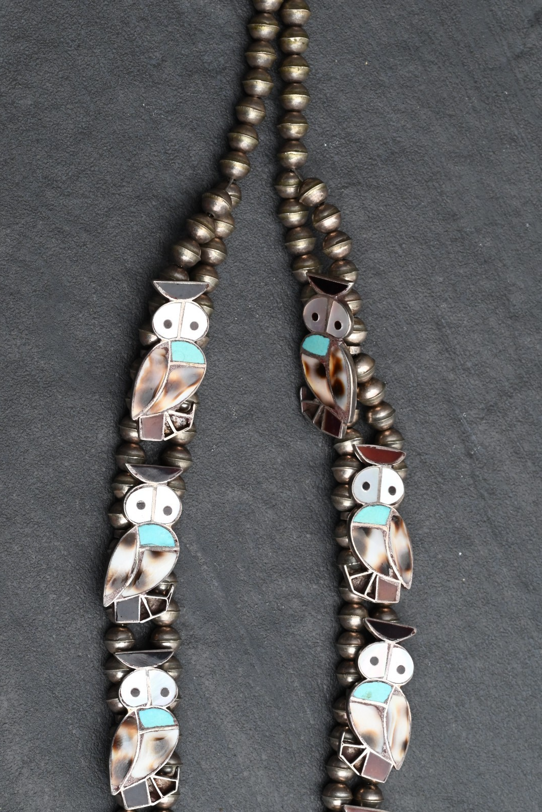 Stunning Native American Zuni Squash Blossom Necklace w/ Shell & Turquoise Owls5