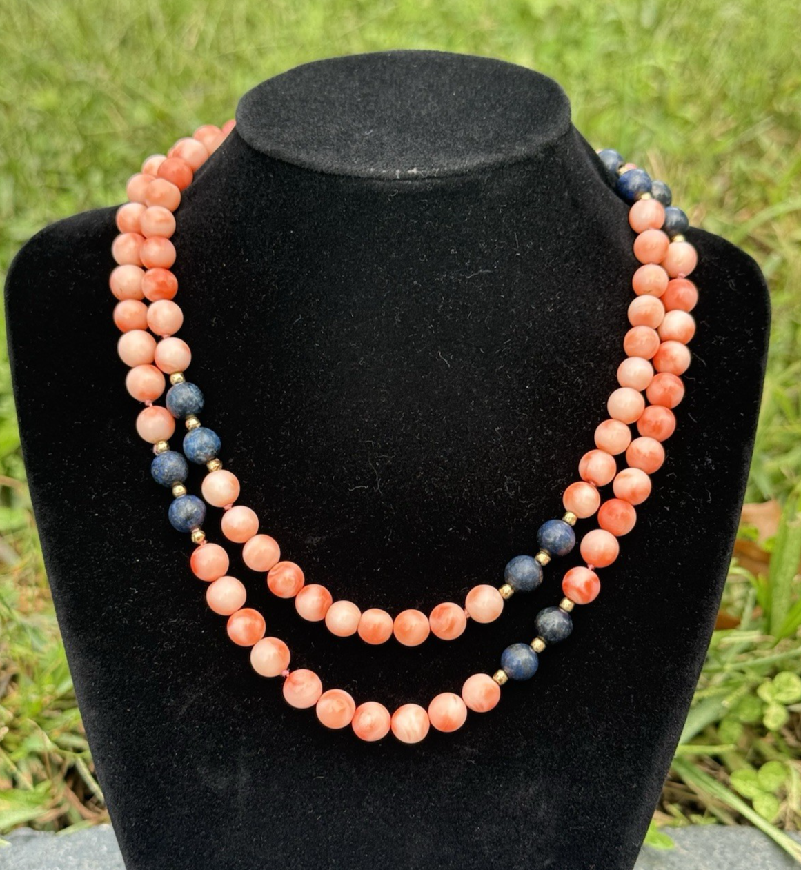 Beautiful White Angel Skin Coral & Lapis Beaded Necklace with 14K Gold Spacers6