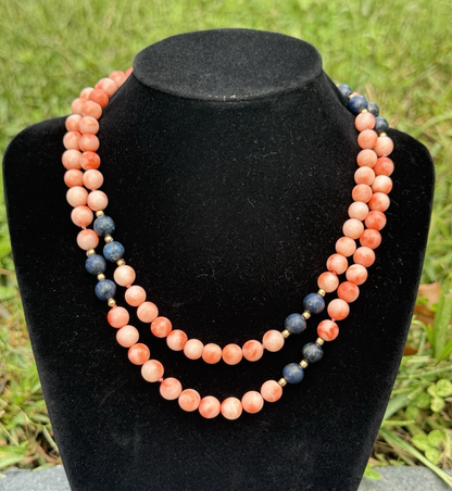 Beautiful White Angel Skin Coral & Lapis Beaded Necklace with 14K Gold Spacers6