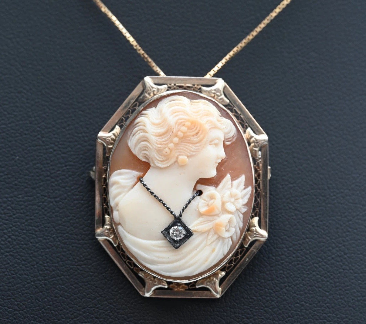 Gorgeous Carved Shell Cameo Brooch Pendant With Diamond Necklace 14K White Gold3