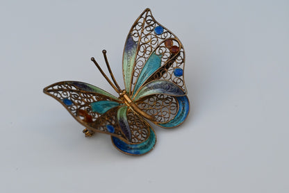 Gorgeous Gold Gilt 800 Silver Enameled Butterfly Brooch / Pin1