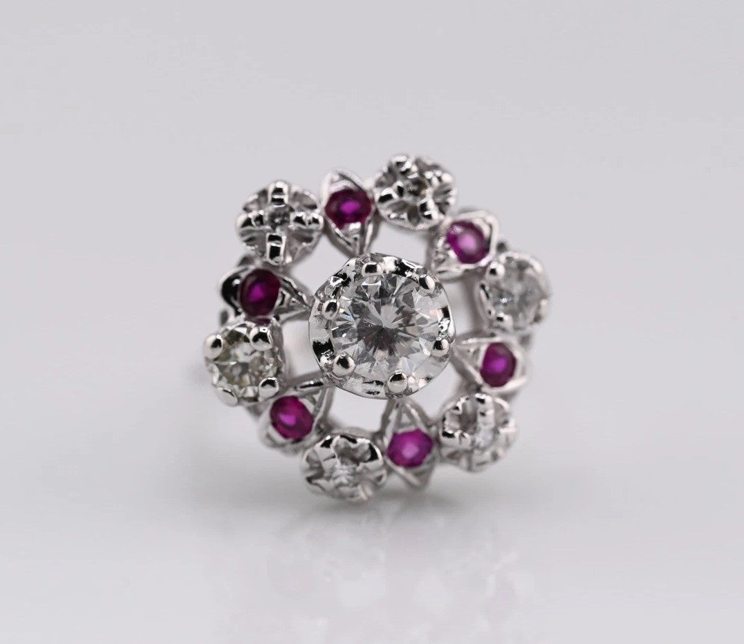 Stunning 14K White Gold .50ct Diamond Ring with Floral Halo of Rubies & Diamonds7
