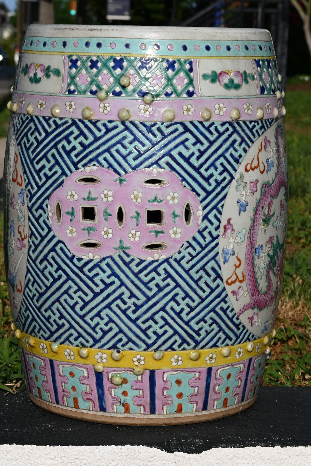 Antique Hand Painted Porcelain Garden Seat / Drum Stool Dragon & Phoenix Design7