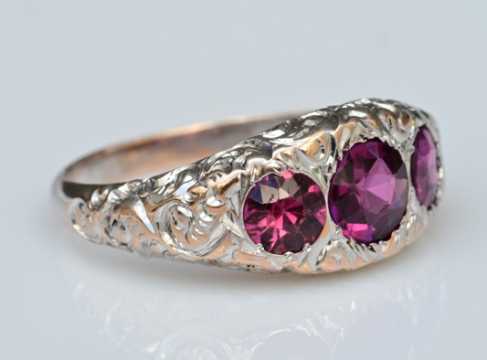Art Deco Gypsy Ring in 10K White Gold Purplish Pink Rhodolite Garnets IGI Cert1