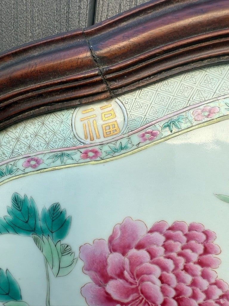 Large 20" Chinese Antique 1900s Porcelain Serving Tray with Enameled Black Birds6