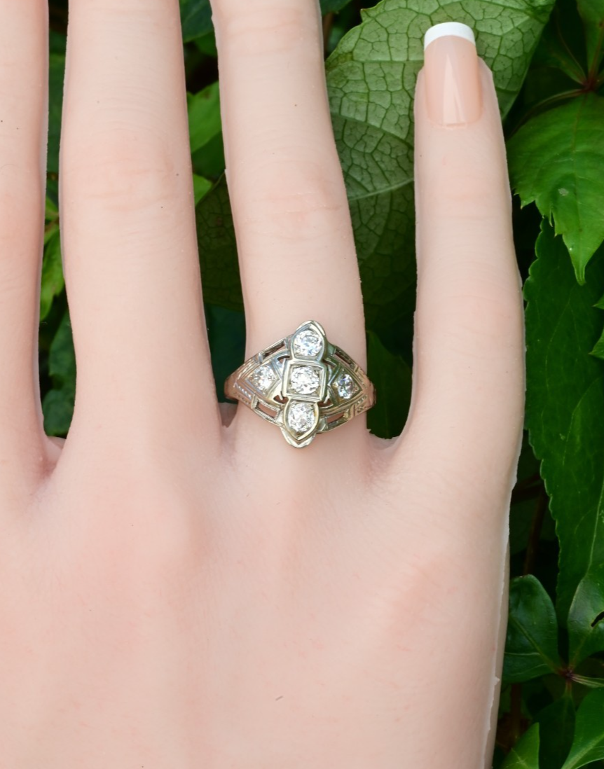 Exquisite Geometric Open Filigree Art Deco Old European Cut Diamond Cluster Ring6