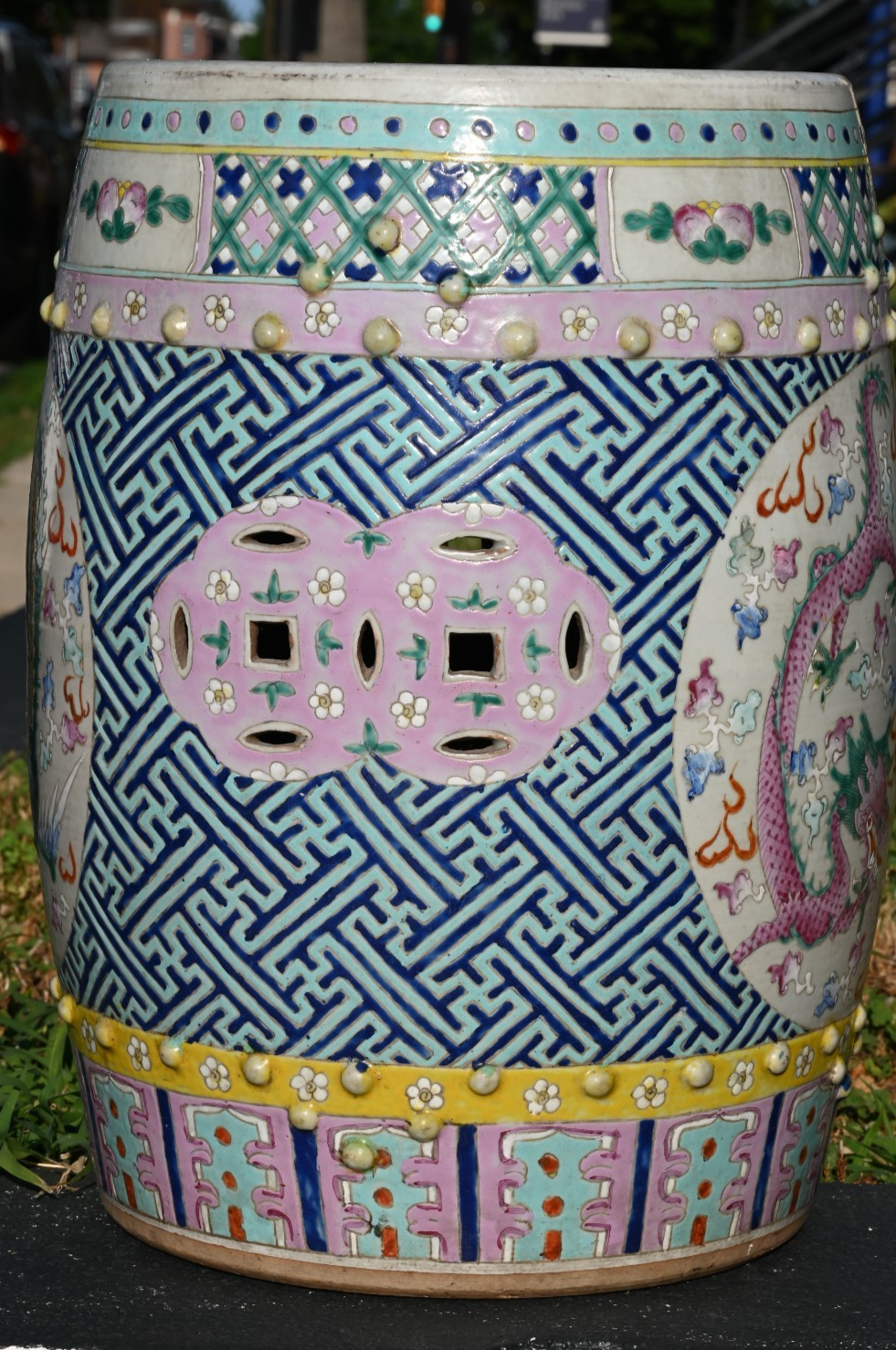 Antique Hand Painted Porcelain Garden Seat / Drum Stool Dragon & Phoenix Design6