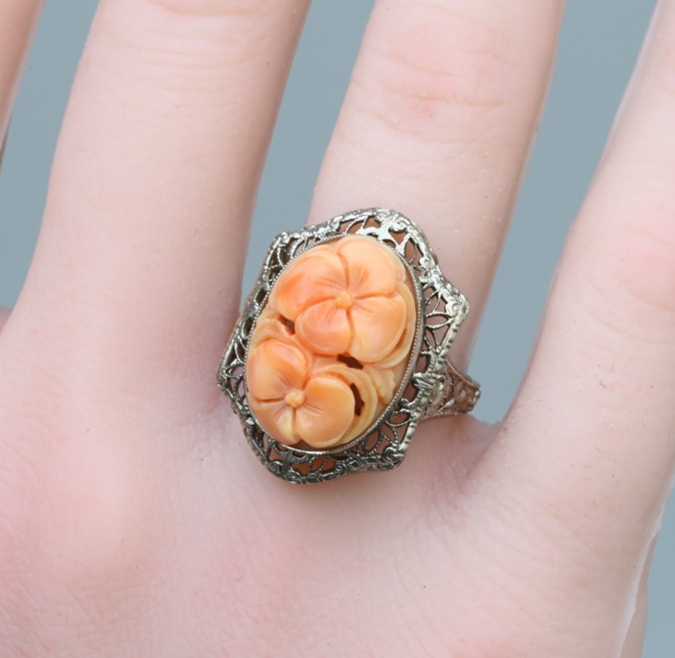 Antique 14K White Filigree Statement Ring With Hand Carved Natural Coral Gem4