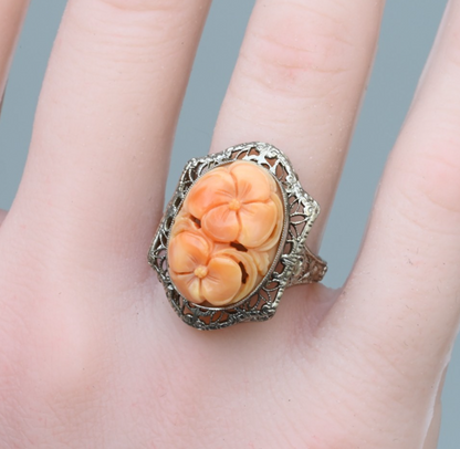 Antique 14K White Filigree Statement Ring With Hand Carved Natural Coral Gem4