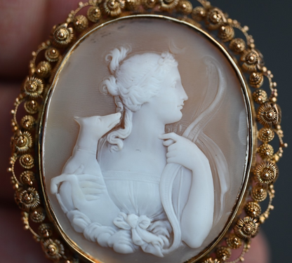 Antique Carved Cameo Depicting Goddess Diana (Artemis) & Her Hunting Dog 18K YG0