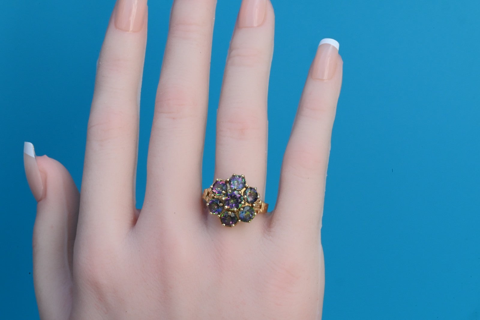 Gorgeous Mystic Fire Topaz Gemstone Floral Design 10K Yellow Gold Ring5