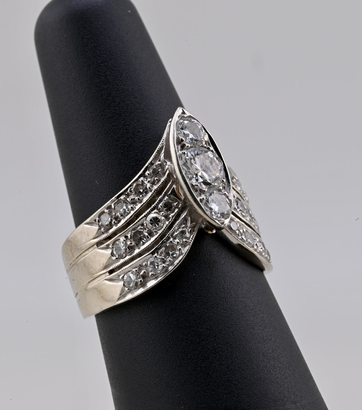 14K Retro Early Vintage Art Deco Style 3 Band Chevron Diamond Ring IGI Certified3